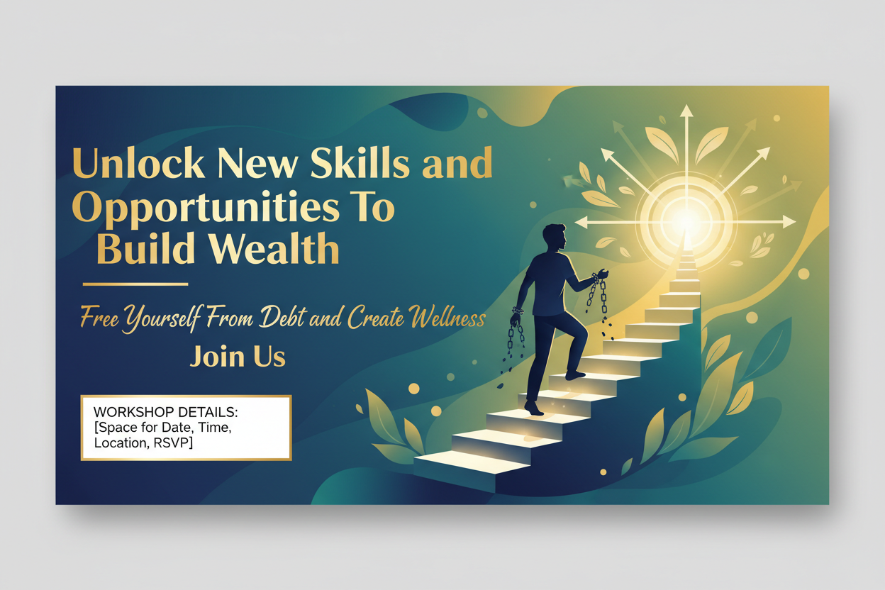 At 25 people have already highness debt for the next 20 years exhausted people spend more money and stressed people spend fast then the system create stress request-from-them-impossible challenges put them under financial pressure and permanent comparisons. This same system tell them they're late and not good enough and sell to them the solution. Design a 16:9 flyer of a workshop around this them : Unlock New Skills and Opportunities To Build Wealth Free Yourself From Debt and Create Wellness. Join US