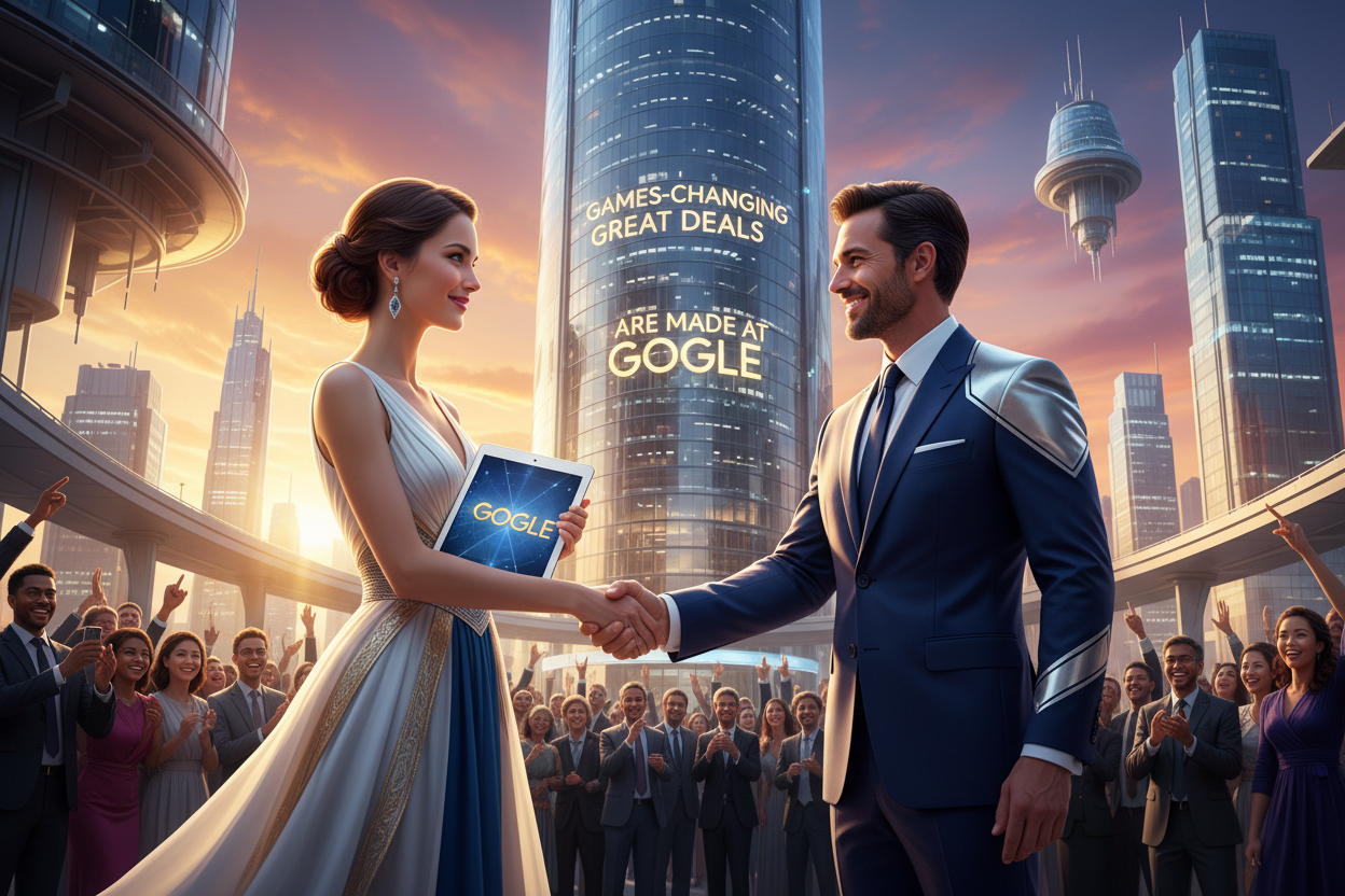 imagine-a-beautiful-lady-who-get-in-her- left hand-a- luxury tablet-white and gold bleu-color-that-is-written "GOGLE"-the-lady-accept -the partnership hand-as deal agreement-from-A SMILE man-that-wears-a- ELEGANT trending-fashion luxury suit white blue and silver .IN FRONT THE GIANT "GOGLE" OFFICE Is written: GAMES-CHANGING GREAT DEALS ARE MADE AT "GOGLE". IN THE BACKGROUND WE SEE A FUTURISTIC TOWN AND THE SUNSET SHINE IN THE SKY PEOPLE IN FRONT OF THE "GOGLE" GIANT OFFICE LOOKING AT THEM SO HAPPY.
