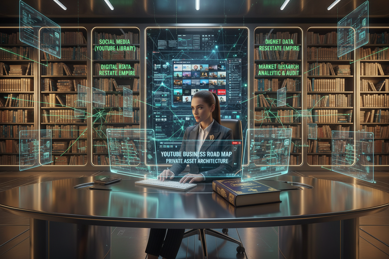 Woman 20's working on a computer with a futuristic network background WITH A BOOK ON HIS LARGE OFICE DESK WRITEN: "YOUTUBE BUSINESS ROAD MAP" "PRIVATE ASSET ARCHITECTURE".COLOR"GOLD LIGHT","GREEN AND BLUE", "SILVER".We see clearly on the wall,zooming written:SOCIAL MEDIA (YOUTUBE LIBRARY),"DIGITAL REAL ESTATE EMPIRE" MARKET DATA RESEARCH ANALYTIC & AUDIT "STRATEGY & GROWTH.AND IN HIS BACKGROUND SHOW A BIG GOLD LIBRARY DIVIDED IN 3 COLUM THE RIGHT AND THE LEFT HAVE BOOK AND THE MIDDLE GETS ONLY YOUTUBE VIDEO