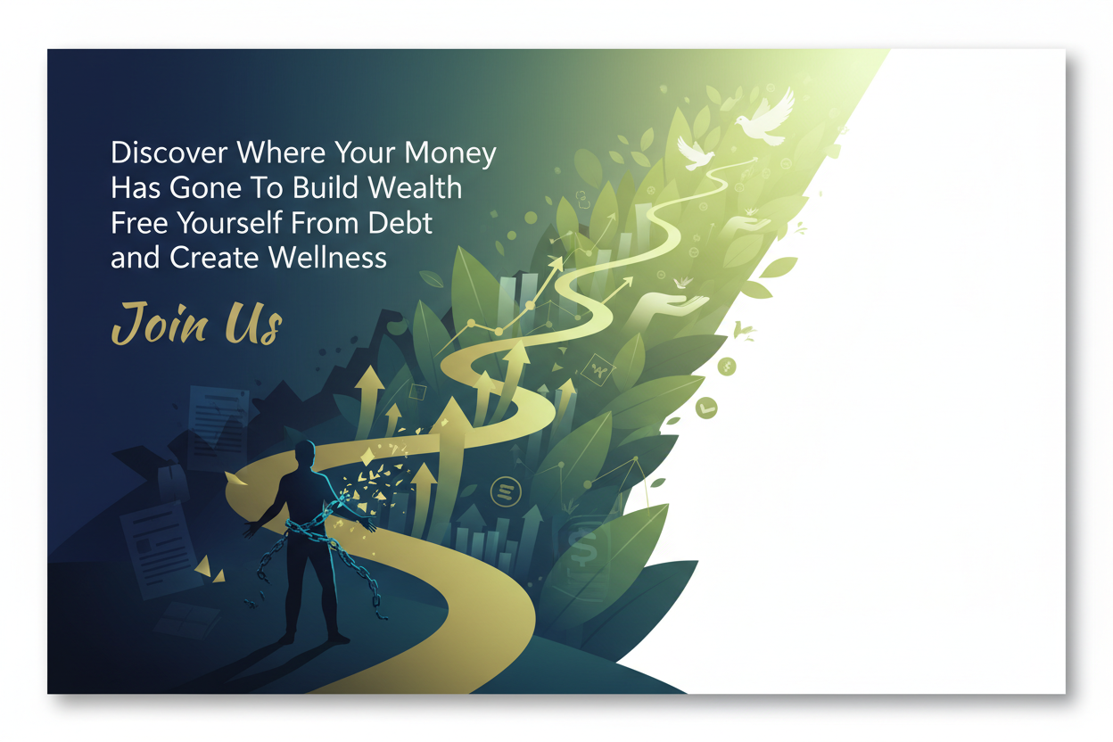 At 25 people have already highness debt for the next 20 years exhausted people spend more money and stressed people spend fast then the system create stress request-from-them-impossible challenges put them under financial pressure and permanent comparisons. This same system tell them they're late and not good enough and sell to them the solution. Design a 16:9 flyer of a workshop around this them : Discover Where Your Money Has Gone To Build Wealth Free Yourself From Debt and Create Wellness. Join US 
