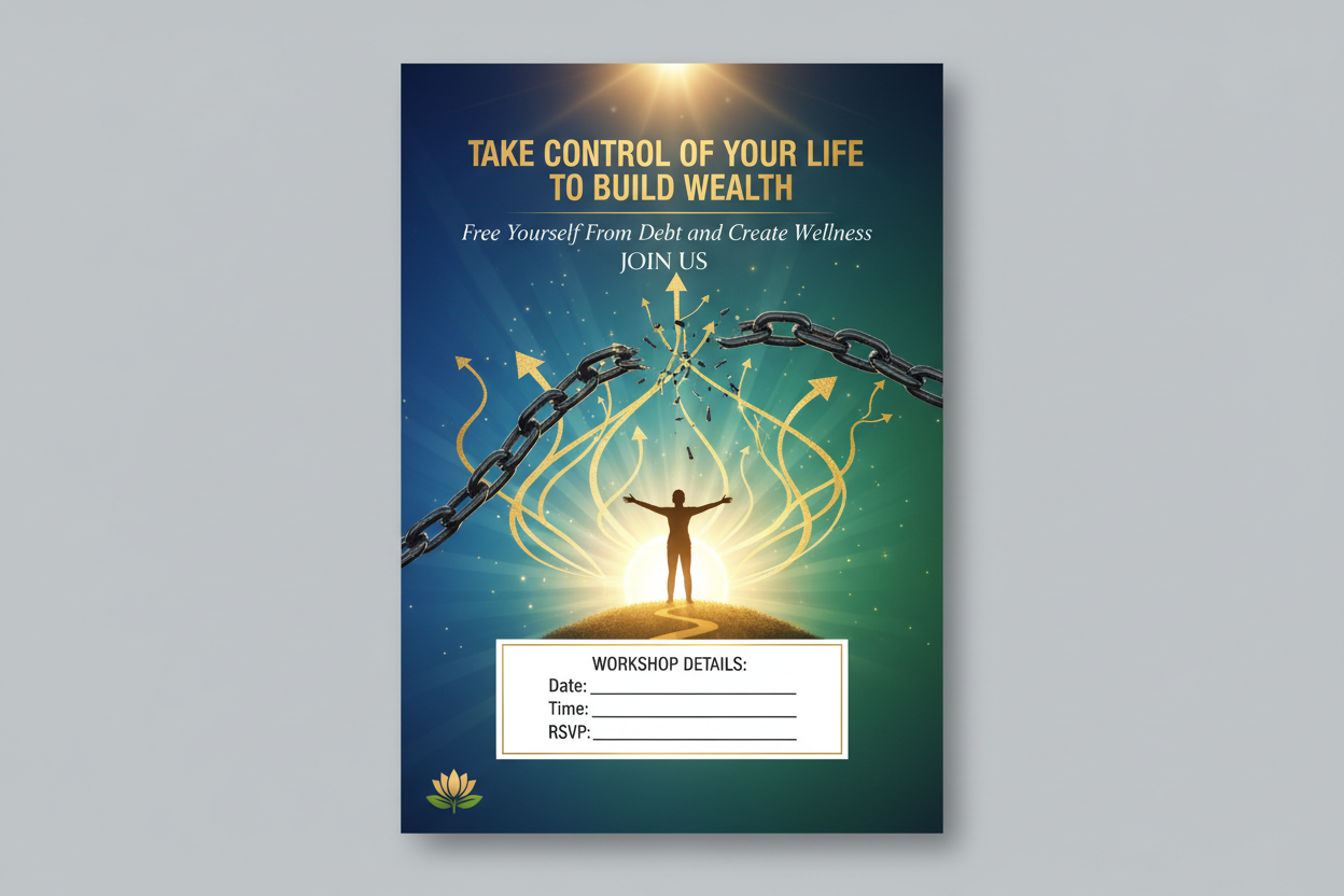 At 25 people have already highness debt for the next 20 years exhausted people spend more money and stressed people spend fast then the system create stress request-from-them-impossible challenges put them under financial pressure and permanent comparisons. This same system tell them they're late and not good enough and sell to them the solution. Design a 16:9 flyer of a workshop around this them : Take Control Of Your Life To Build Wealth Free Yourself From Debt and Create Wellness. Join US 
