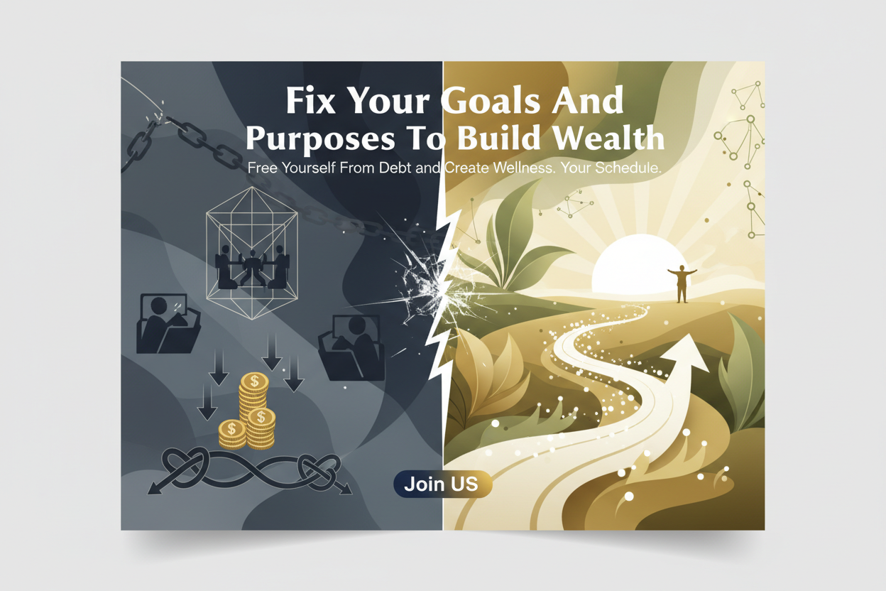 At 25 people have already highness debt for the next 20 years exhausted people spend more money and stressed people spend fast then the system create stress request-from-them-impossible challenges put them under financial pressure and permanent comparisons. This same system tell them they're late and not good enough and sell to them the solution.Design a 16:9 flyer of a workshop around this them: Fix Your Goals And Purposes To Build Wealth Free Yourself From Debt and Create Wellness.Your schedule. Join US 
