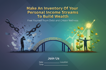 At 25 people have already highness debt for the next 20 years exhausted people spend more money & stressed people spend fast then the system create stress request-from-them-impossible challenges put them under financial pressure & permanent comparisons.This same system tell them they're late & not good enough & sell to them the solution. Design a 16:9 flyer of a workshop around this them: Make An Inventory Of Your Personal Income Streams To Build Wealth Free Yourself From Debt and Create Wellness. Join US 
