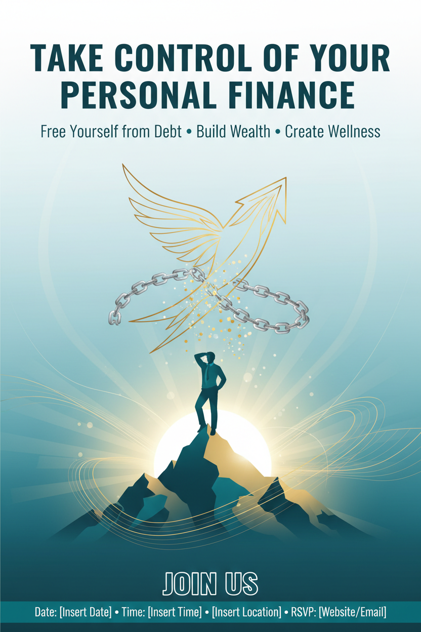 AT 25 PEOPLE HAVE ALREADY HIGHNESS DEBT FOR THE NEXT 20 YEARS EXOSTED PEOPLE SPEND MORE MONEY AND STRESSED PEOPLE SPEND FAST. THEN THE SYSTHEM CREATE STRESS REQUEST FROM THEM IMPOSSIBLE CHALLENGE TO RISE,PUT THEM UNDER FINANCIAL PRESSURE AND PERMANENT COMPARAISON.THIS SAME SYSTHEM TELL THEM LATER THEY ARE LATE AND THEY ARE NOT GOOD ENOUGH AND OFFER THEM THE SOLUTION.IMAGINE A FLYER OF A WORKSHOP AROUND THE THEM:TAKE CONTROL OF YOUR PERSONAL FINANCE TO FREE YOURSELF OF DEBT BUILD WEALTH AND WELLNESS.JOIN US 