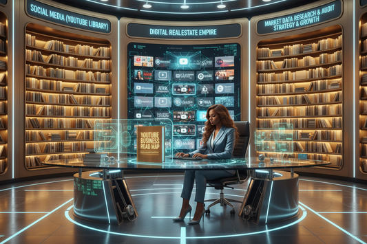 Brown Woman 20's & long hair working on a computer with a futuristic network background WITH A BOOK ON HIS LARGE OFICE DESK WRITEN: "YOUTUBE BUSINESS ROAD MAP" "PRIVATE ASSET ARCHITECTURE".COLOR"GOLD LIGHT","GREEN, BLUE","SILVER".We see on the wall,zooming written:SOCIAL MEDIA (YOUTUBE LIBRARY),"DIGITAL REAL ESTATE EMPIRE" MARKET DATA RESEARCH ANALYTIC & AUDIT "STRATEGY & GROWTH.HIS BACKGROUND SHOW A BIG GOLD LIBRARY DIVIDED IN 3 COLUM THE RIGHT AND THE LEFT HAVE BOOK AND THE MIDDLE GETS ONLY YOUTUBE VIDEO