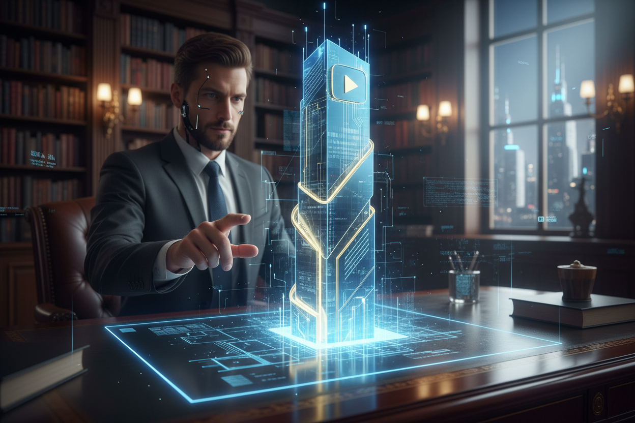 Close up shot of a glowing blue and gold holographic architectural blueprint resting on a luxury mahogany desk. The blueprint shows a YouTube Play Button transforming into a massive modern skyscraper. In the background, a blurred library and a successful entrepreneur pointing at the blueprint. Cyberpunk meets Wall Street aesthetic, sharp focus, volumetric lighting, 16:9 aspect ratio.