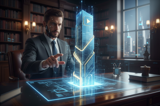 Close up shot of a glowing blue and gold holographic architectural blueprint resting on a luxury mahogany desk. The blueprint shows a YouTube Play Button transforming into a massive modern skyscraper. In the background, a blurred library and a successful entrepreneur pointing at the blueprint. Cyberpunk meets Wall Street aesthetic, sharp focus, volumetric lighting, 16:9 aspect ratio.