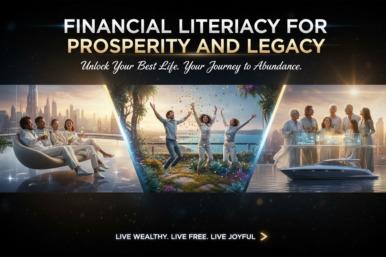 COLLECTION NAME: FINANCIAL LITERACY FOR PROSPERITY AND LAGACY DESIGN THIS COLLECTION IN A FUTURISTIC GOLD WHITENESS GREN BLUE AND SILVER WHITENESS  FLYER 16:9 THAT SHOW REALISTIC WEALTHY PEOPLE CINEMATIC STYLE THE GLORY AND GOODNESS TO BECOME FREE GREAT WELL  WEALTHY  WITHOUT PRESSURE OVER STRESS THINKING ABOUT TOMORROW JUST FREEDOM AND HAPPINESS IT IS A WAY TO MOTIVATE SHOW PEOPLE  WHITH HAPPY LIFE AND HAPPY JOURNEY