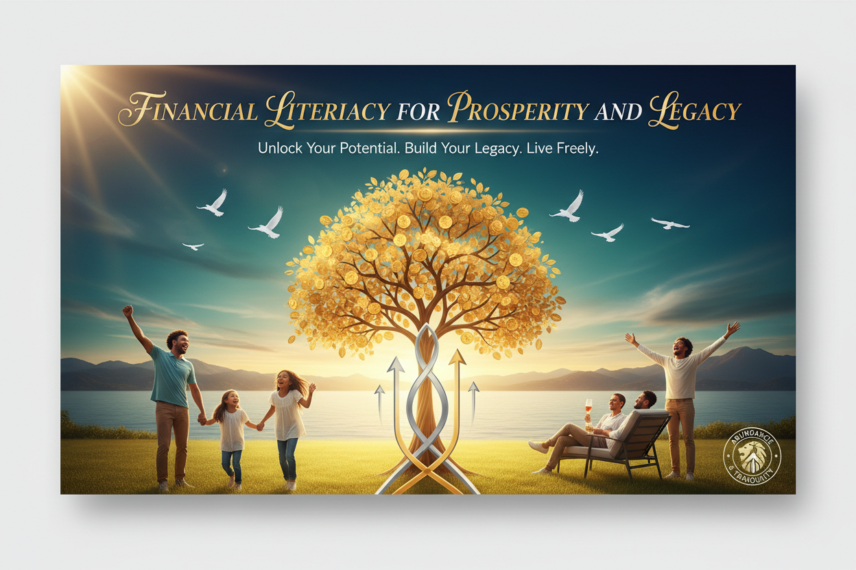 COLLECTION NAME: FINANCIAL LITERACY FOR PROSPERITY AND LAGACY DESIGN THIS COLLECTION IN A GOLD GREN BLUE AND SILVER WHITENESS  FLYER 16:9 THAT SHOW PEOPLE THE GLORY AND GOODNESS TO BECOME FREE GREAT WELL  WEALTHY  WITHOUT PRESSURE OVER STRESS THINKING ABOUT TOMORROW JUST FREEDOM AND HAPPINESS IT IS A WAY TO MOTIVATE SHOW PEOPLE  WHITH HAPPY LIFE AND HAPPY JOURNEY 