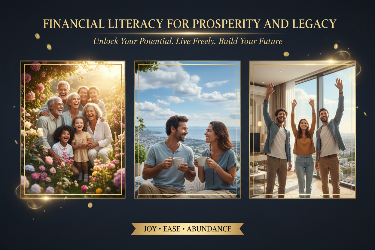 COLLECTION NAME: FINANCIAL LITERACY FOR PROSPERITY AND LAGACY DESIGN THIS COLLECTION IN A GOLD GREN BLUE AND SILVER WHITENESS  FLYER 16:9 THAT SHOW PEOPLE THE GLORY AND GOODNESS TO BECOME FREE GREAT WELL  WEALTHY  WITHOUT PRESSURE OVER STRESS THINKING ABOUT TOMORROW JUST FREEDOM AND HAPPINESS IT IS A WAY TO MOTIVATE SHOW REALISTIC  PEOPLE  WHITH HAPPY LIFE AND HAPPY JOURNEY 