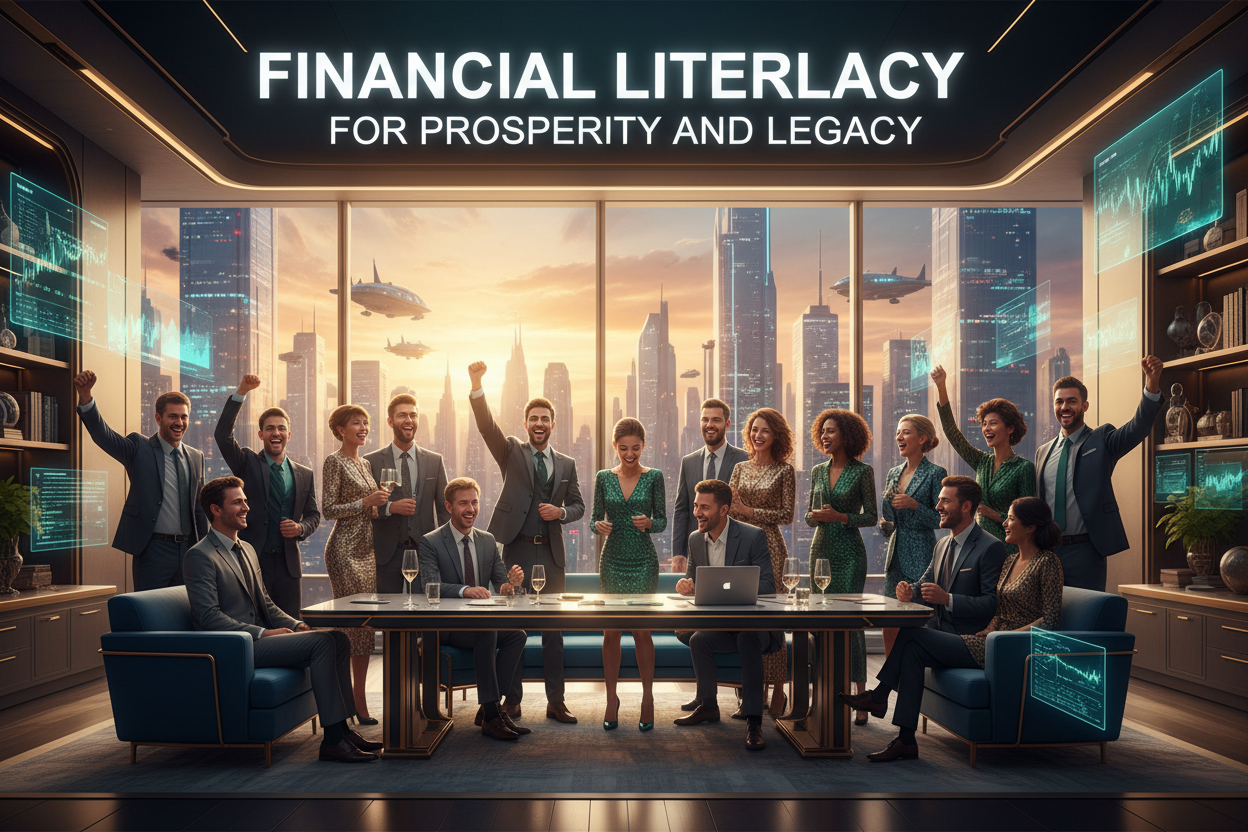 COLLECTION NAME: FINANCIAL LITERACY FOR PROSPERITY AND LAGACY DESIGN THIS COLLECTION IN FUTURISTIC A GOLD GREN BLUE AND SILVER WHITENESS  FLYER 16:9 THAT SHOW REALISTIC WEALTHY PEOPLE  OFFICE MAN BUSINESS MAN AND WOMAN THE GLORY AND GOODNESS TO BECOME FREE GREAT WELL  WEALTHY  WITHOUT PRESSURE OVER STRESS THINKING ABOUT TOMORROW JUST FREEDOM AND HAPPINESS IT IS A WAY TO MOTIVATE SHOW PEOPLE  WHITH HAPPY LIFE AND HAPPY JOURNEY