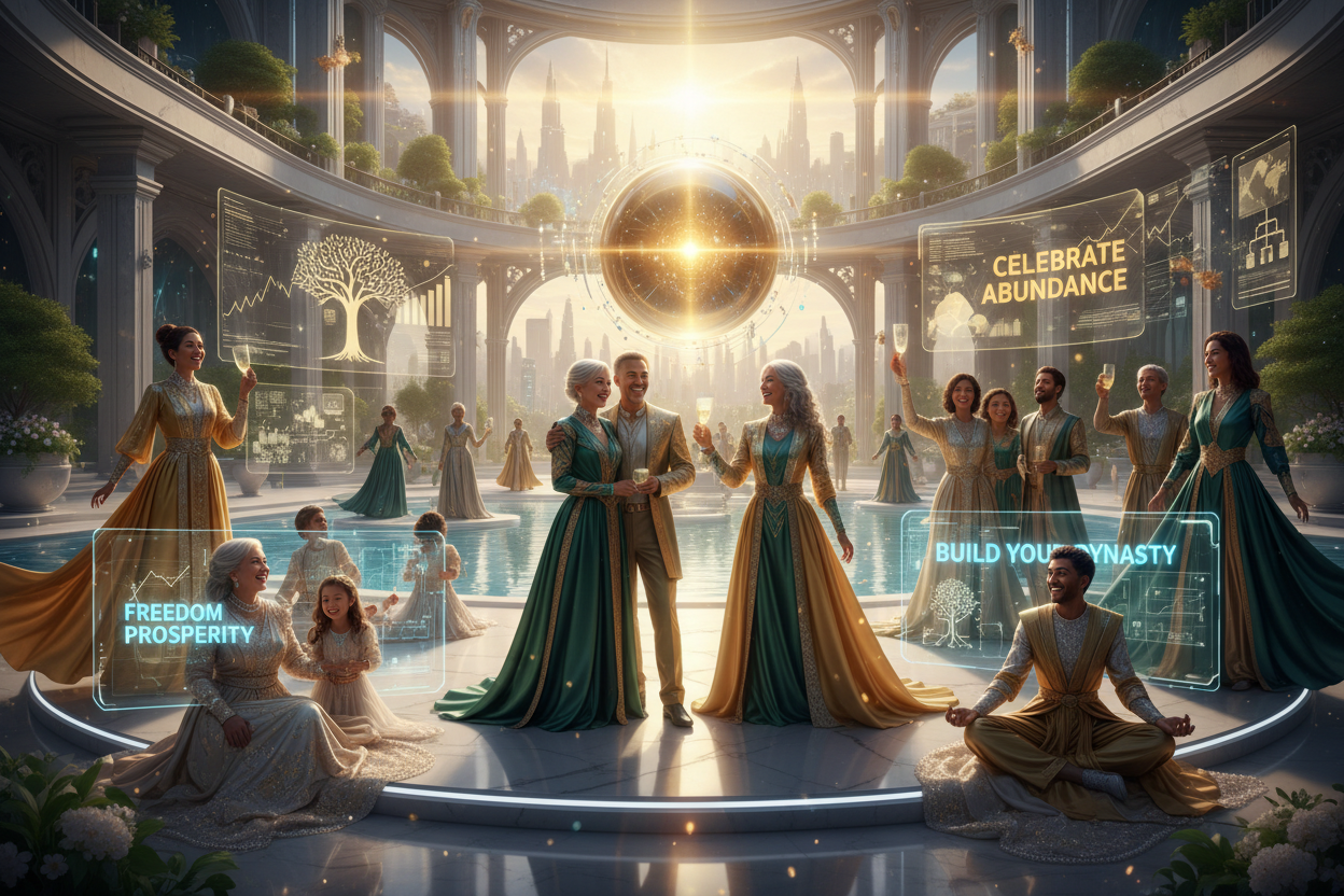 COLLECTION NAME: WEALTH CREATION PROSPERITY BUILDING AND LAGACY TRANSFER. DESIGN THIS COLLECTION IN A FUTURISTIC GOLD GREEN WHITENESS BLUE AND SILVER WHITENESS  FLYER 16:9 THAT SHOW REALISTIC WEALTHY PEOPLE CINEMATIC STYLE THE GLORY AND GOODNESS TO BECOME FREE GREAT WELL  WEALTHY WITHOUT PRESSURE OVER STRESS THINKING ABOUT TOMORROW JUST FREEDOM AND HAPPINESS IT IS A WAY TO MOTIVATE SHOW PEOPLE  WHITH HAPPY LIFE AND HAPPY JOURNEY