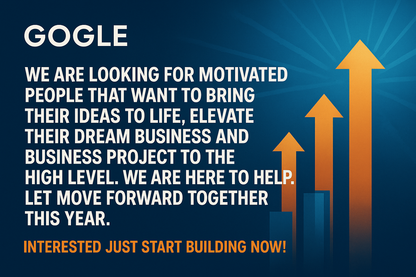generate a beautiful banner image for the home page of "GOGLE" A SHOPIFY STORE AND WRITE THIS IN THE BANNER: WE ARE LOOKING FOR MOTIVATED PEOPLE  THAT WANT TO BRING THEIR IDEAS TO LIFE, ELEVATE THEIR DREAM BUSINESS AND BUSINESS PROJECT TO THE  HIGH LEVEL . WE ARE HERE TO HELP. LET MOVE FORWARD TOGETHER THIS YEAR . INTERESTED JUST START BUILDING NOW! 