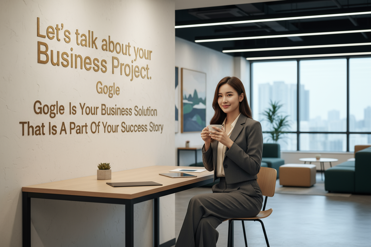 Generate a beautiful Lady in their 20 th with a trending suit fashion sitting on her desk drinking her coffee and in her background is written Let's talk about your Business Project . Gogle Is Your Business Solution That Is A Part Of Your Success Story 