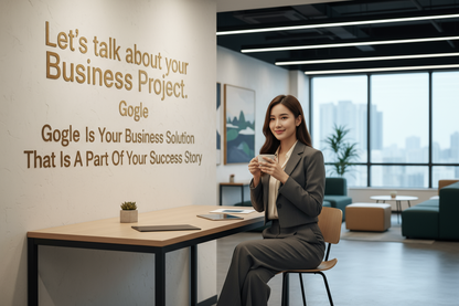 Generate a beautiful Lady in their 20 th with a trending suit fashion sitting on her desk drinking her coffee and in her background is written Let's talk about your Business Project . Gogle Is Your Business Solution That Is A Part Of Your Success Story 