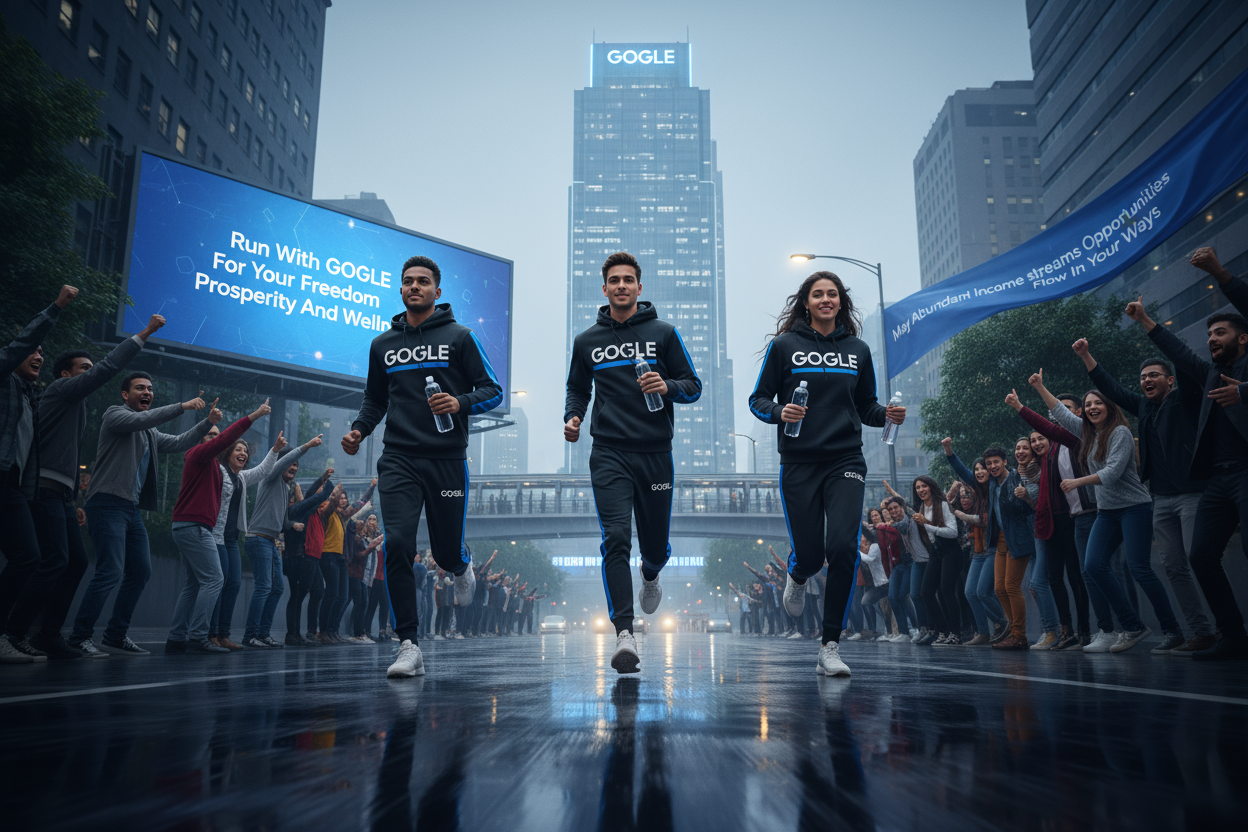Imagine 3 person int their 20s wearing trending fashion luxury set hoody pant where is written GOGLE  Each Has water bottle in there hand they Run to get the terminal road where it is written "Run With GOGLE For Your Freedom Prosperity And Wellness" on the street very wet in front of the GOGLE office where Several people look at them and encourage them It is written"May Abundant Income streams Opportunities Flow In Your Ways" 