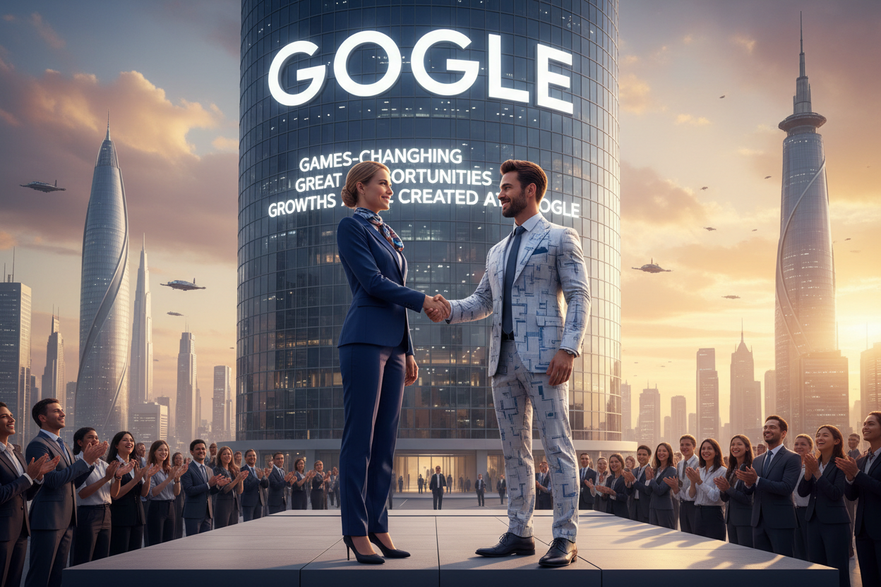 imagine-a-beautiful-lady-accept -the partnership hand-as deal agreement-from-A SMILE man-that-wears-a- ELEGANT trending-fashion luxury suit white  blue and silver .IN FRONT THE GIANT "GOGLE" OFFICE Is written: GAMES-CHANGING GREAT OPPORTUNITIES GROWTHS ARE CREATED AT "GOGLE".  IN THE BACKGROUND WE SEE A FUTURISTIC TOWN AND THE SUNSET SHINE IN THE SKY PEOPLE IN FRONT OF THE "GOGLE" GIANT OFFICE LOOKING AT THEM SO HAPPY.