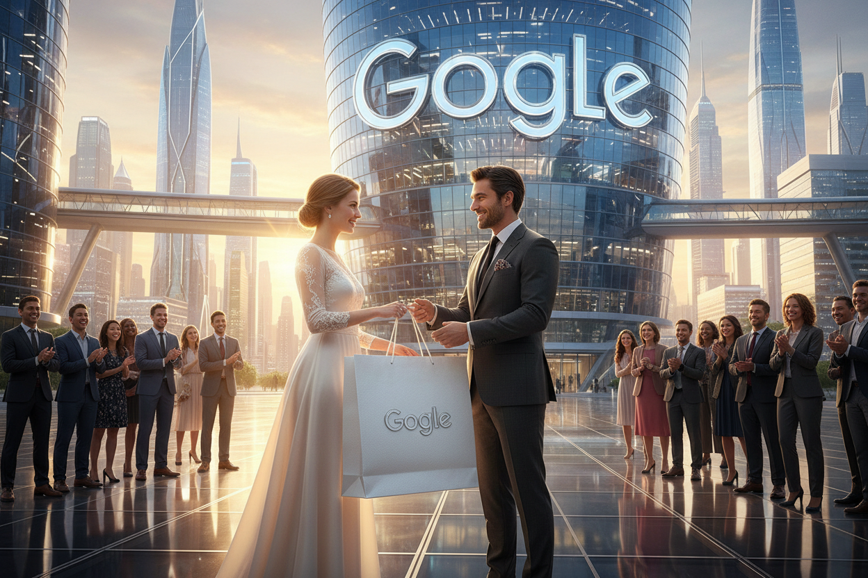 imagine-a-beautiful-lady-who-get-in-her-hand-a-bag-white-color-that-is-written "GOGLE"-the-lady-receive-the-bag-as-a-gift-from-a-A SMILE man-that-wears-a- ELEGANT trending-fashion luxury suit .IN FRONT THE GIANT "GOGLE" OFFICE IN THE BACKGROUND WE SE A FUTURISTIC TOWN AND THE SUNSET SHINE HIGH IN THE SKY AND PEOPLE IN FRONT OF THE "GOGLE" GIANT OFFICE LOOKING AT THEM SO HAPPY to see that