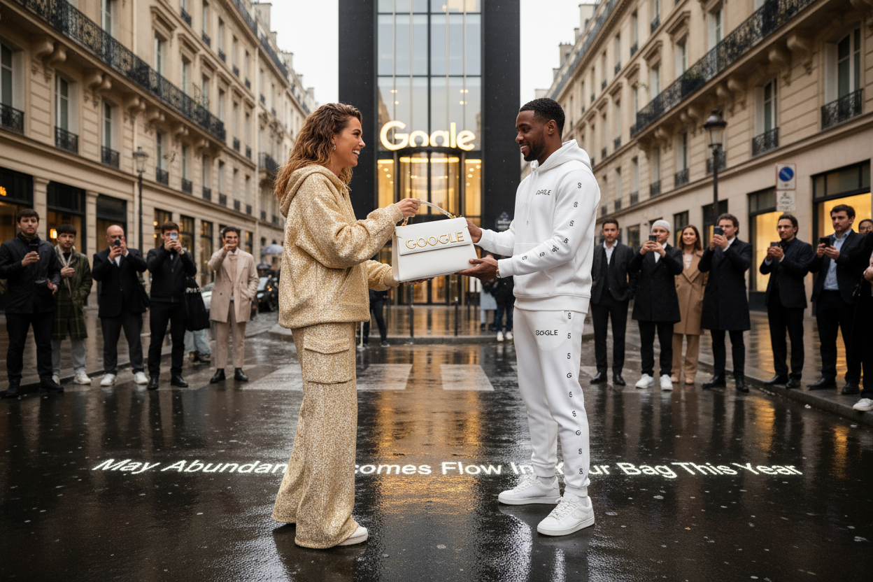 Imagine A beautiful Lady Who get in her hand a Bag white color that is written GOGLE The lady Receive The Bag as a gift From  a Man that wears a trending fashion set hoody and pant that are written GOGLE White Color and Lady wear a Gold color Set trending fashion luxury hoody and pant like the Man she was happy to receive this luxury gift they were in front the GOGLE office on the street at Paris in the wet street is written "May Abundant Incomes Flow In Your Bag This Year"  People around them look them 