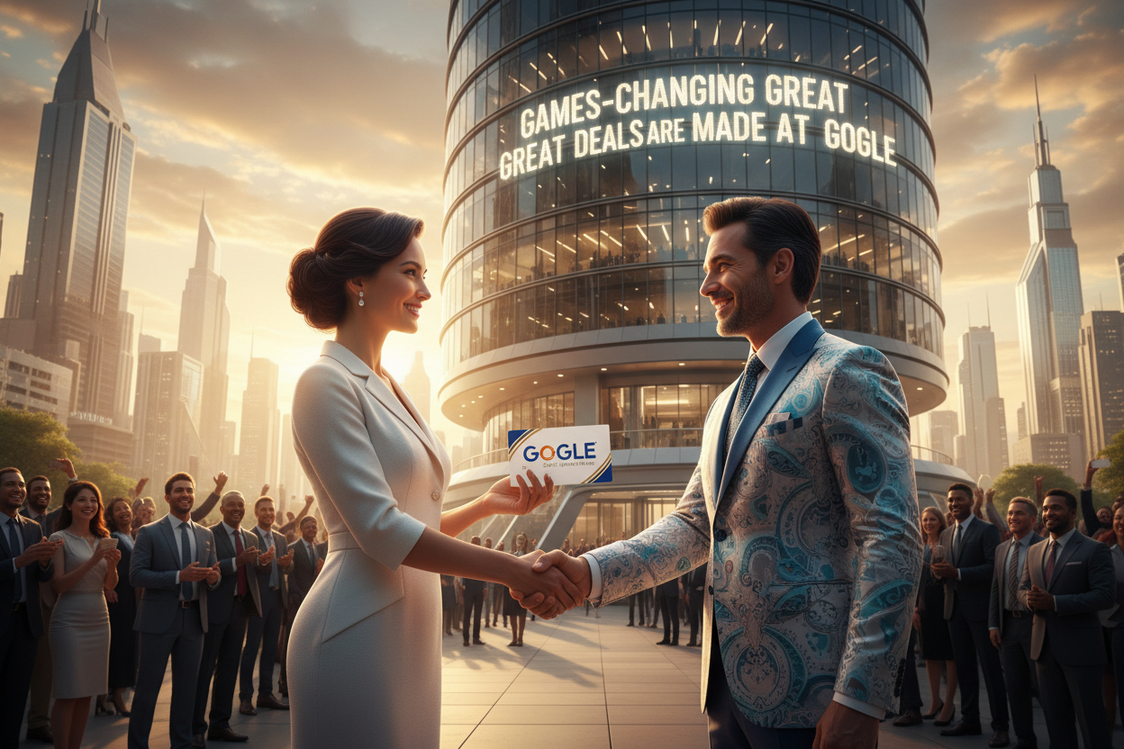 imagine-a-beautiful-lady-who-get-in-her- left hand-a- Business Grave-white and gold bleu-color-that-is-written "GOGLE"-the-lady-accept -the partnership hand-as deal agreement-from-A SMILE man-that-wears-a- ELEGANT trending-fashion luxury suit white  blue and silver .IN FRONT THE GIANT "GOGLE" OFFICE Is written: GAMES-CHANGING GREAT DEALS ARE MADE AT "GOGLE".  IN THE BACKGROUND WE SEE A FUTURISTIC TOWN AND THE SUNSET SHINE IN THE SKY PEOPLE IN FRONT OF THE "GOGLE" GIANT OFFICE LOOKING AT THEM SO HAPPY.