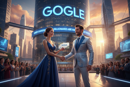 imagine-a-beautiful-lady-who-get-in-her- left hand-a-luxury Business Grave-white and gold bleu-color-that-is-written "GOGLE"-the-lady-accept -the partnership hand-as deal agreement-from-A SMILE man-that-wears-a- ELEGANT trending-fashion luxury suit white  blue and silver .IN FRONT THE GIANT "GOGLE" OFFICE Is written: GAMES-CHANGING BILLIONAIRES ARE MADE AT "GOGLE". IN THE BACKGROUND WE SEE A FUTURISTIC TOWN AND THE SUNSET SHINE IN THE SKY PEOPLE IN FRONT OF THE "GOGLE" GIANT OFFICE LOOK AT THEM SO HAPPY.