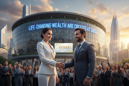 imagine-a-beautiful-lady-who-get-in-her- left hand-a- luxury BUSINESS GRAVE-white and gold bleu-color-that-is-written "GOGLE"-the-lady-accept -the partnership hand-as deal agreement-from-A SMILE man-that-wears-a- ELEGANT trending-fashion luxury suit GRAY blue and silver .IN FRONT THE GIANT "GOGLE" OFFICE Is written: "LIFE-CHANGING"  GWEALTH ARE CREATED AT "GOGLE".  IN THE BACKGROUND WE SEE A FUTURISTIC TOWN AND THE SUNSET SHINE IN THE SKY PEOPLE IN FRONT OF THE "GOGLE" GIANT OFFICE LOOKING AT THEM SO HAPPY.