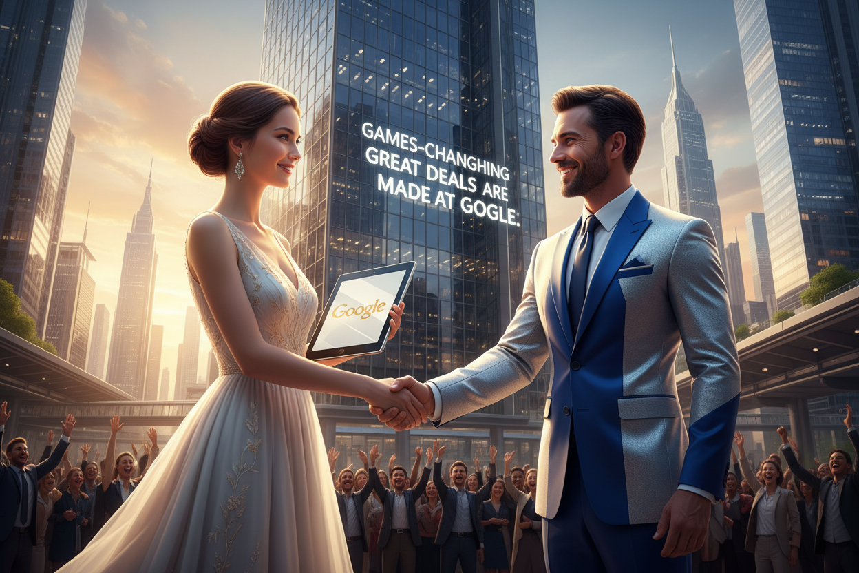 imagine-a-beautiful-lady-who-get-in-her- left hand-a- luxury tablet-white and gold bleu-color-that-is-written "GOGLE"-the-lady-accept -the partnership hand-as deal agreement-from-A SMILE man-that-wears-a- ELEGANT trending-fashion luxury suit white  blue and silver .IN FRONT THE GIANT "GOGLE" OFFICE Is written: GAMES-CHANGING GREAT DEALS ARE MADE AT "GOGLE".  IN THE BACKGROUND WE SEE A FUTURISTIC TOWN AND THE SUNSET SHINE IN THE SKY PEOPLE IN FRONT OF THE "GOGLE" GIANT OFFICE LOOKING AT THEM SO HAPPY.