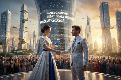 imagine-a-beautiful-lady-who-get-in-her- left hand-a- luxury telephone-white and gold bleu-color-that-is-written "GOGLE"-the-lady-accept -the partnership hand-as deal agreement-from-A SMILE man-that-wears-a- ELEGANT trending-fashion luxury suit white  blue and silver .IN FRONT THE GIANT "GOGLE" OFFICE Is written: GAMES-CHANGING GREAT DEALS ARE MADE AT "GOGLE".  IN THE BACKGROUND WE SEE A FUTURISTIC TOWN AND THE SUNSET SHINE IN THE SKY PEOPLE IN FRONT OF THE "GOGLE" GIANT OFFICE LOOKING AT THEM SO HAPPY.