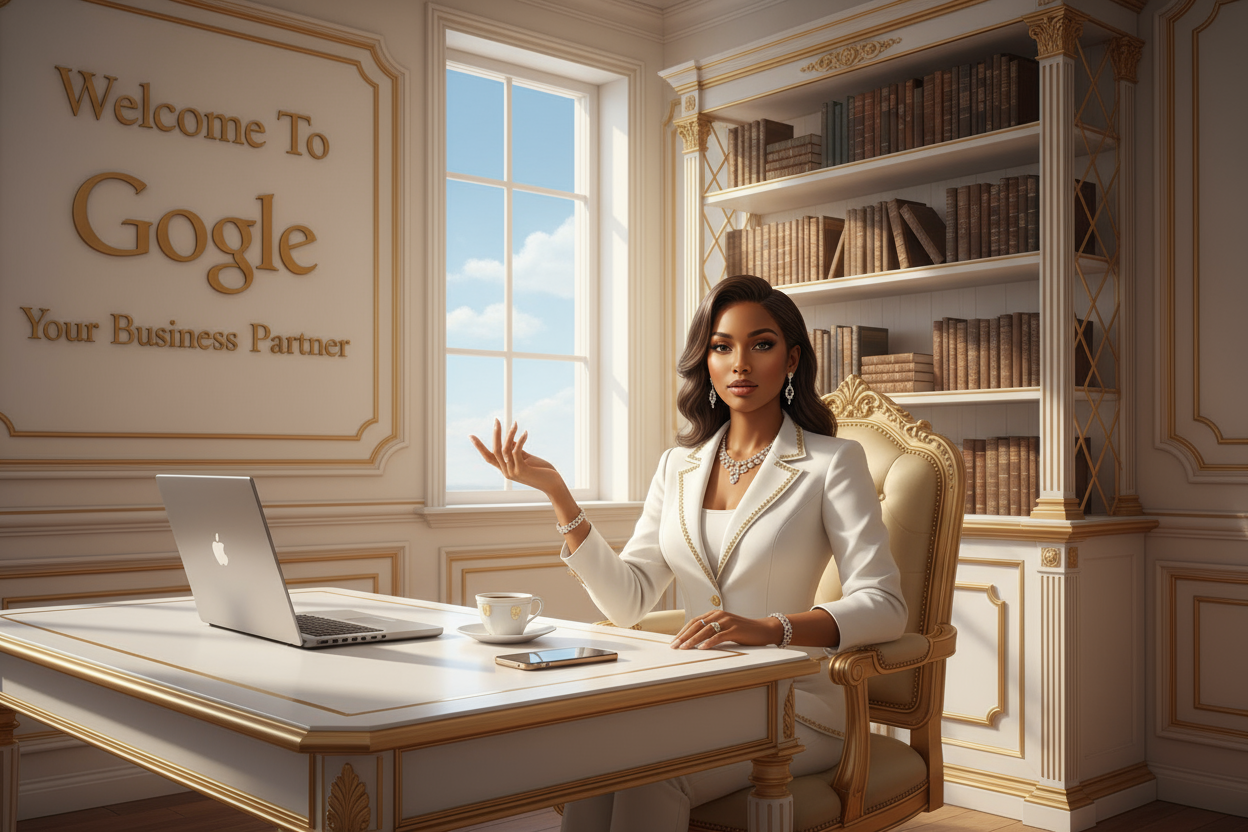 Imagine A beautiful Sexy Lady Brown Color that wears A white and gold trending luxury sut Office fashion with an expensive set diamond. her skin is  light and glowy. She sits on an executive expensive chair gold color in a desk,large room,the window show the clear blue sky in her back there is gold and white Library as background the room is light their are paints wall.is written "Welcome To Gogle Your Business Partner". she has in her desk a laptop,cellphone and a cup of coffee.Her hand is open for gesture
