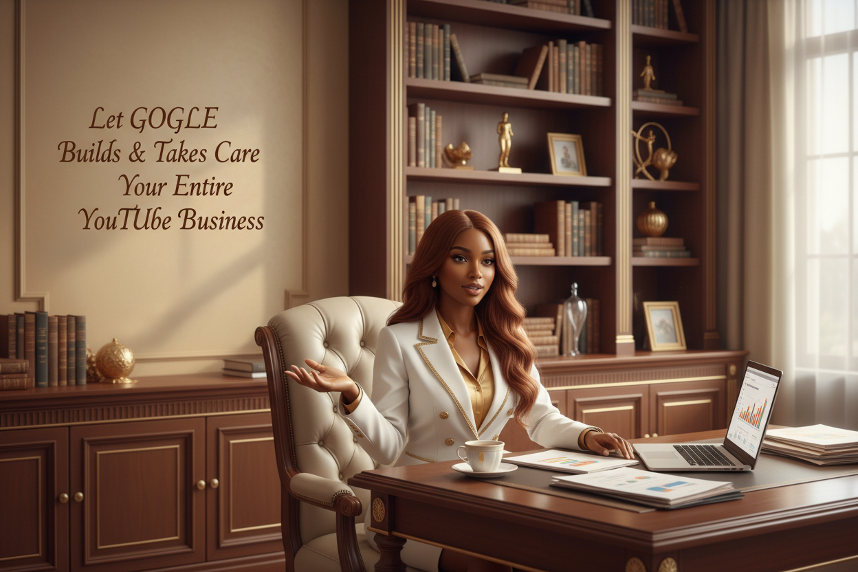Imagine a beautiful sexy lady in her 20s  wearing a trending white and gold sute and sitting on an executive luxury chair she has a laptop on her desk and a cup of coffee and several documents she open her hand to make gesture corresponding with what she will say.The room is light the image is clear her skin color is brown & glory she has long hair in the background there is a big library gold color and brown in the wall in her side it is written"Let GOGLE Builds & Takes Care Your Entire YouTube Business" 
