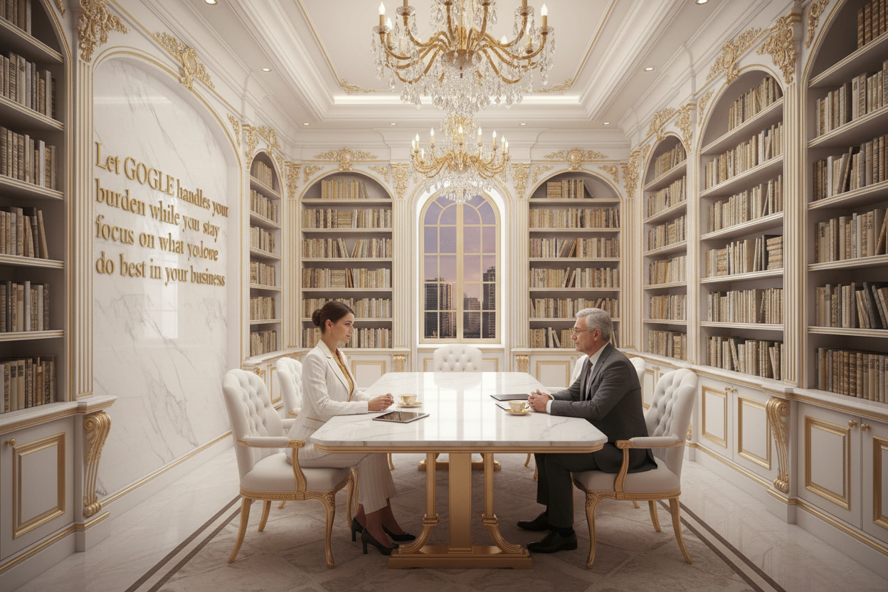 imagine a giant luxurious  conference room and a big library of white and gold color in office and a  Beautiful women in her 20 s  with gold and white suit trending fashion sit-down in front her potential client an elegant Man  and offer  him her consultancy  service  in her side wall it is written "Let GOGLE handles  your burden while you stay focus on what you love to do best in your business"