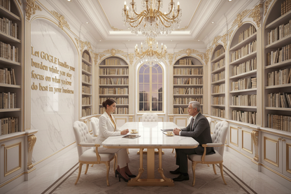 imagine a giant luxurious  conference room and a big library of white and gold color in office and a  Beautiful women in her 20 s  with gold and white suit trending fashion sit-down in front her potential client an elegant Man  and offer  him her consultancy  service  in her side wall it is written "Let GOGLE handles  your burden while you stay focus on what you love to do best in your business"