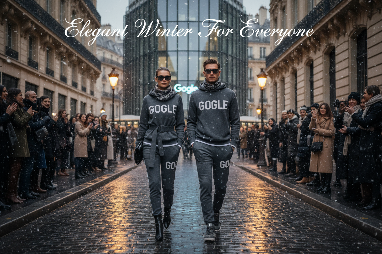 Imagine a man and woman who walk on the street where it's start to  snow a little bit both of them wearing a trending fashion set an hoodies and pant it written GOGLE in front of the GOGLE company a lot of people watch them because their fashion set are trending and elegant on wet street at Paris it written Elegant Winter For Everyone 