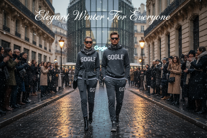 Imagine a man and woman who walk on the street where it's start to  snow a little bit both of them wearing a trending fashion set an hoodies and pant it written GOGLE in front of the GOGLE company a lot of people watch them because their fashion set are trending and elegant on wet street at Paris it written Elegant Winter For Everyone 