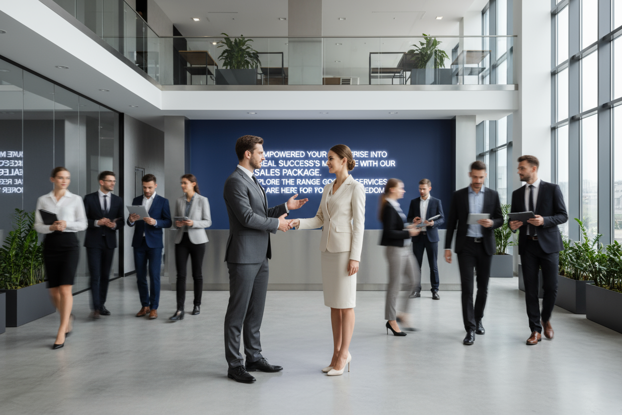 Imagine An hansom Man who is stand up and share his hand to a beautiful lady both wearing a luxury sut highly trending fashion and luxurious. In a receptionist vast room where there is a dynamic office activity people vas et vient with folder in their hand and the man invited the Lady to work together while he show her what is written in the background of the room:EMPOWERED YOUR ENTERPRISE INTO A REAL SUCCESS'S MACHINE WITH OUR 📦 SALES PACKAGE.EXPLORE THE RANGE GOGLE SERVICES THEY ARE HERE FOR YOUR FREEDOM