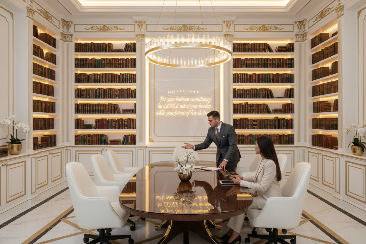 in a  luxurious conference room  with a giant library in white and gold color  of a luxurious office  imagine a consultant give his service  advice to a client . in his side it is write  For your business consultancy let GOGLE  take care of your burden  while you stay  focus on what you love to do best 