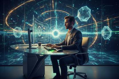 Man working on a computer with a futuristic network background COLOR GOLD LIGHT GRENN BLEU