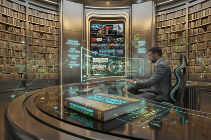 Man working on a computer with a futuristic network background WITH A BOOK ON HIS LARGE OFICE DESK  WRITEN: "YOUTUBE BUSINESS ROAD MAP" "PRIVATE ASSET ARCHITECTURE".COLOR "GOLD LIGHT", "GREEN AND BLUE", "SILVER". We see clearly on the wall, zooming written:SOCIAL MEDIA (YOUTUBE LIBRARY),"DIGITAL REAL ESTATE EMPIRE" MARKET DATA RESEARCH "ANALYTIC & AUDIT" "STRATEGY & GROWTH.AND IN HIS BACKGROUND SHOW A BIG GOLD LIBRARY DIVIDED IN 3 COLUM THE RIGHT AND THE LEFT HAVE BOOK AND THE MIDDLE GETS ONLY YOUTUBE VIDEO