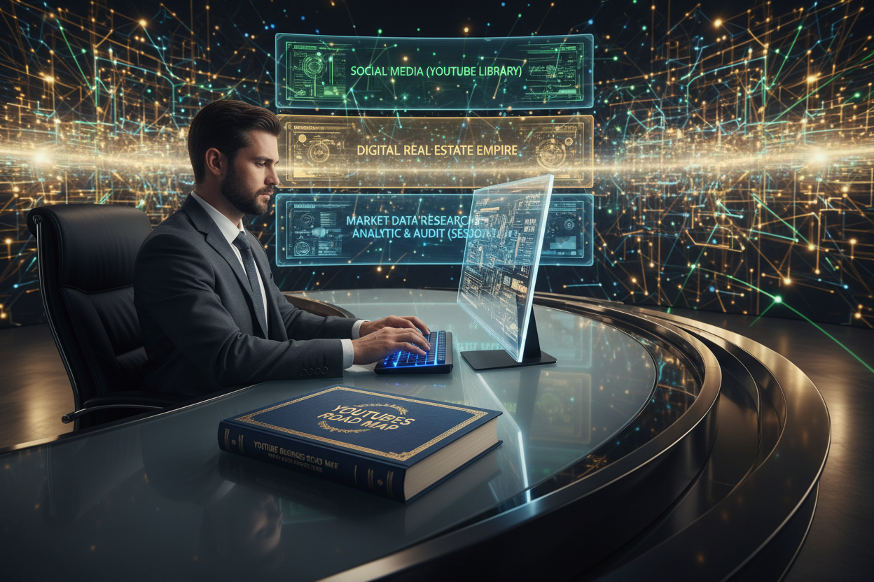 Man working on a computer with a futuristic network background WITH A BOOK ON HIS LARGE OFICE DESK  WRITEN: "YOUTUBE BUSINESS ROAD MAP" "PRIVATE ASSET ARCHITECTURE". COLOR "GOLD LIGHT", "GREEN AND BLUE", "SILVER". We see clearly on the wall, zooming written: SOCIAL MEDIA (YOUTUBE LIBRARY), "DIGITAL REAL ESTATE EMPIRE" MARKET DATA RESEARCH ANALYTIC & AUDIT (SESSION)