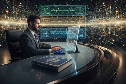 Man working on a computer with a futuristic network background WITH A BOOK ON HIS LARGE OFICE DESK  WRITEN: "YOUTUBE BUSINESS ROAD MAP" "PRIVATE ASSET ARCHITECTURE". COLOR "GOLD LIGHT", "GREEN AND BLUE", "SILVER". We see clearly on the wall, zooming written: SOCIAL MEDIA (YOUTUBE LIBRARY), "DIGITAL REAL ESTATE EMPIRE" MARKET DATA RESEARCH ANALYTIC & AUDIT (SESSION)