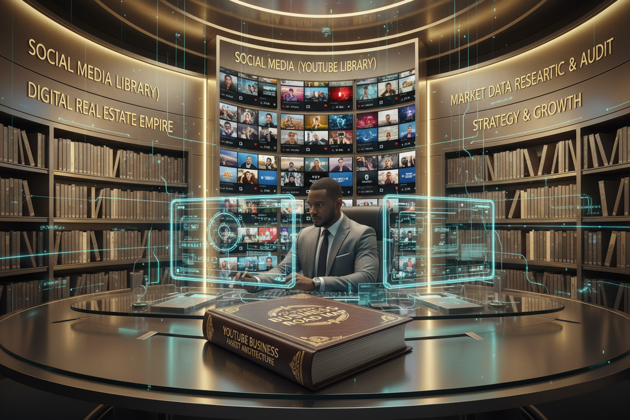 Man working on a computer with a futuristic network background WITH A BOOK ON HIS LARGE OFICE DESK  WRITEN: "YOUTUBE BUSINESS ROAD MAP" "PRIVATE ASSET ARCHITECTURE". COLOR "GOLD LIGHT", "GREEN AND BLUE", "SILVER". We see clearly on the wall, zooming written:SOCIAL MEDIA (YOUTUBE LIBRARY),"DIGITAL REAL ESTATE EMPIRE" MARKET DATA RESEARCH ANALYTIC & AUDIT "STRATEGY & GROWTH. AND IN HIS BACKGROUND SHOW A BIG GOLD LIBRARY DIVIDED IN 3 COLUM THE RIGHT AND THE LEFT HAVE BOOK AND THE MIDDLE GETS ONLY YOUTUBE VIDEO