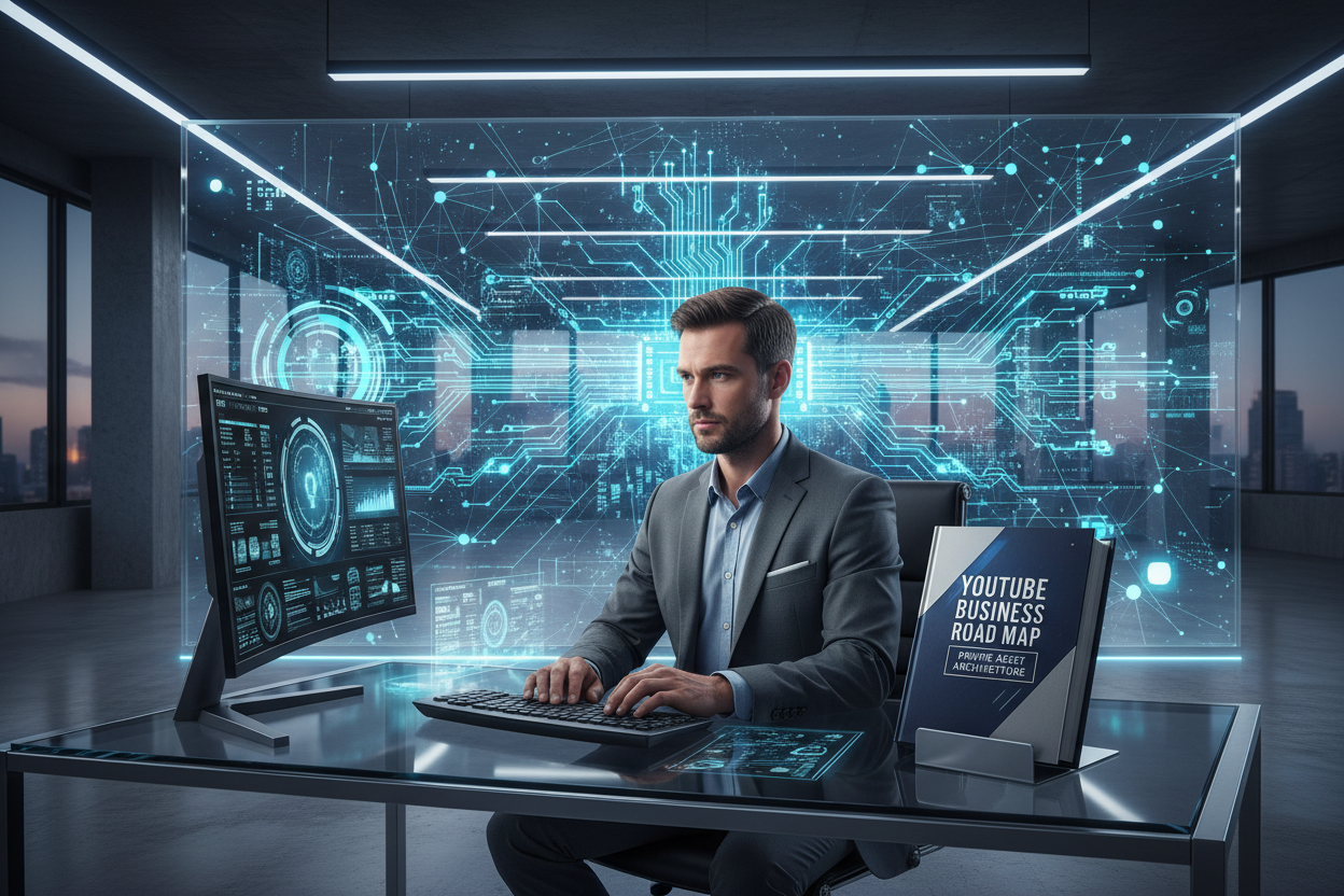 Man working on a computer with a futuristic network background WITH A BOOK ON HIS OFICE DESK WRITEN: YOUTUBE BUSINESS ROAD MAP PRIVATE ASSET ARCHITECTURE  