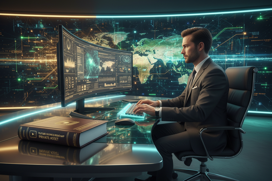Man working on a computer with a futuristic network background WITH A BOOK ON HIS OFICE DESK WRITEN: YOUTUBE BUSINESS ROAD MAP PRIVATE ASSET COLOR "GOLD LIGHT" "GREEN AND BLUE" "SILVER"