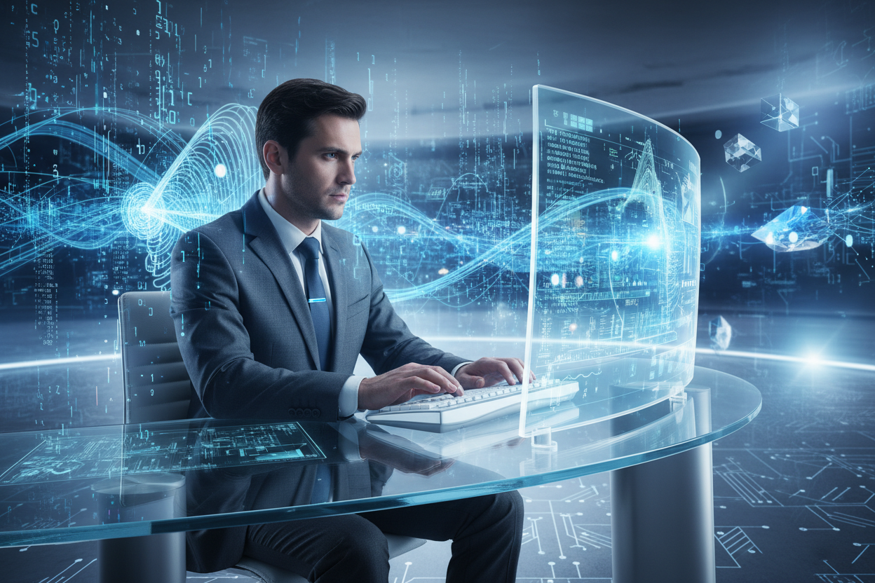 Man working on a computer with a futuristic network background