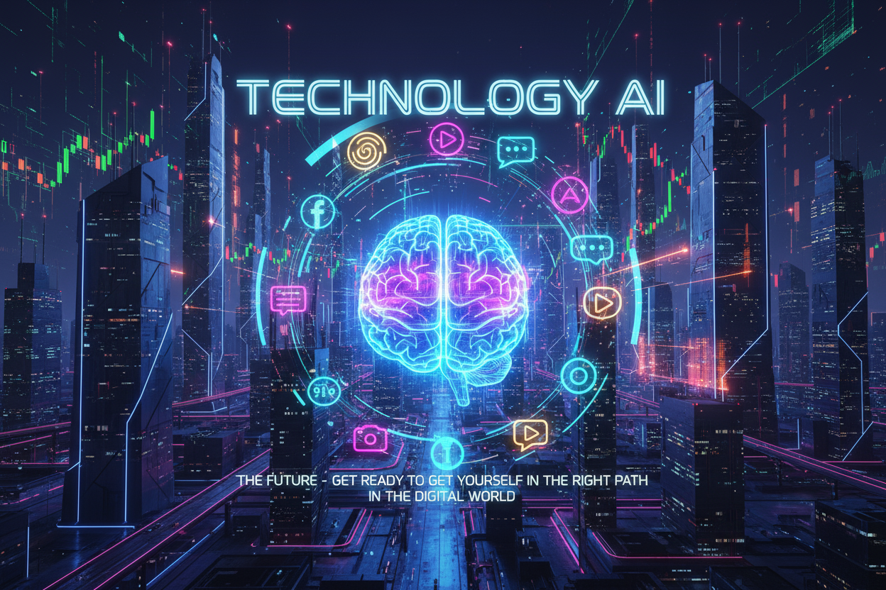 Show City with high lighting high futurist technology Hologram and Brain that blowing with high tech level of knowledge and the virtual or digital market opportunities are booming and the hologram social media of different platform turn around the brain in the center big lighting is written technology AI through the social media are the future Get Ready To get yourself in the right path in the digital world 