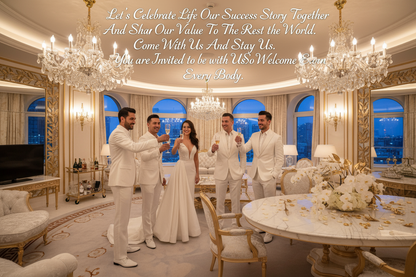 Show luxurious people that hangout champagne whisky  with a white high luxurious fashion in a gold and white luxurious hotel room  that celebrate life success  Business Story with a luxury background  and it  is written Let's Celebrate Life Our Success Story Together  And Share Our Value To The Rest Of The World . Come With Us And Stay With Us . You are Invited to be with Us .  So Wellcome Every Body