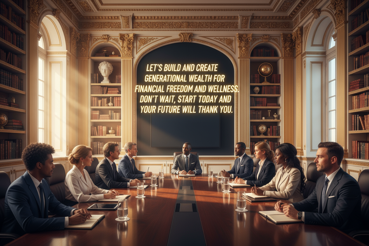 Show people  Professional Men and women who wear luxurious office fashion in a luxurious conference room of an head quarter Business office with  a luxurious background  with gold and white library  and it s writen let's build and create generational wealth for  financial freedom and wellness . Don't Wait , Start Today and your future will thank you