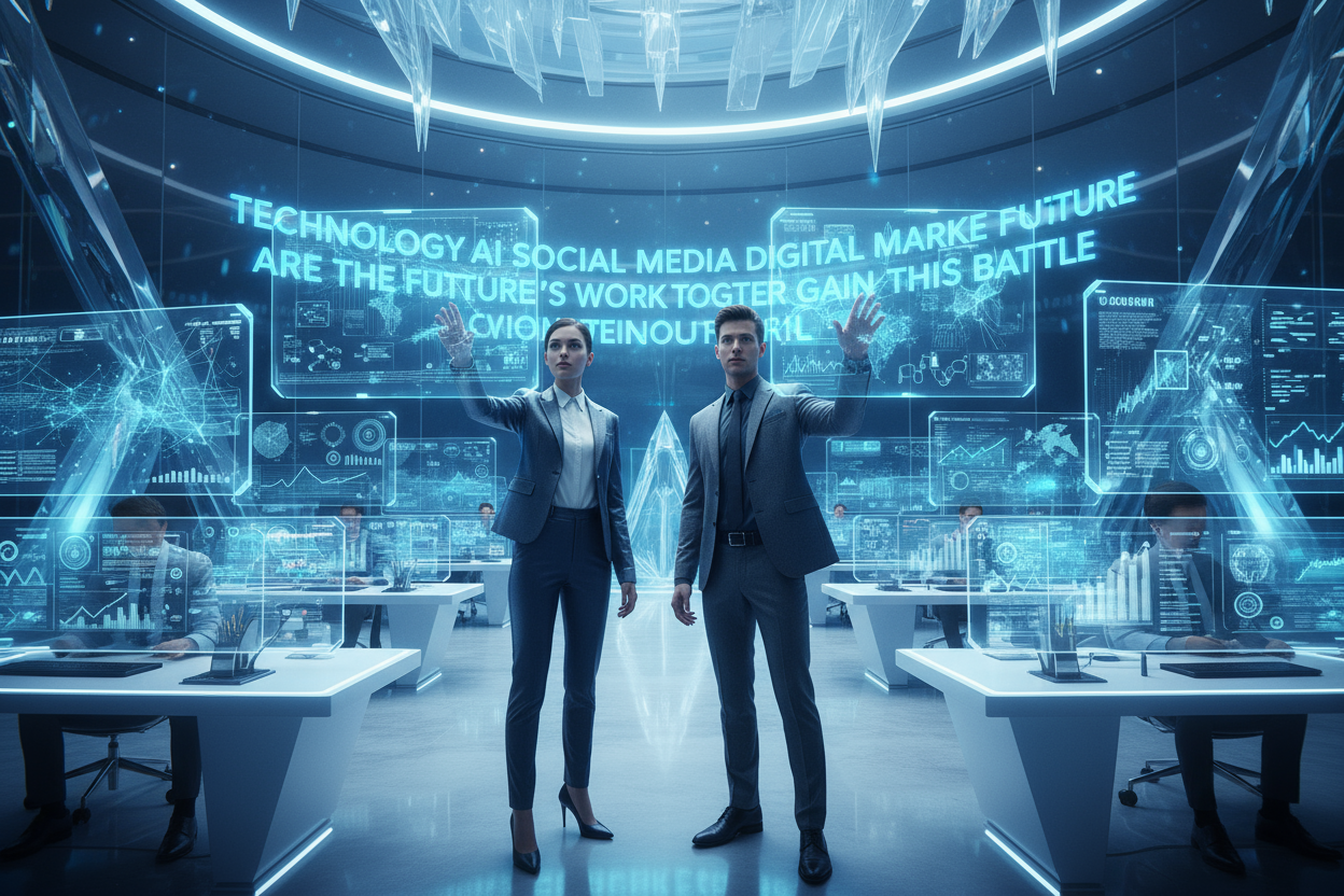 Technology high level city civilisation hologram AI cinematic and a Man and woman wearing trending Office outfits color of the room light blue and Cristal and a several flat screen computer around them that show a lot of data in the background it is written technology AI Social Media Digital Market Are The Future Let'S Work Together To Gain On This  Battle while the man and the woman who are on their 20s Show their hand like they try to touche the hologram 