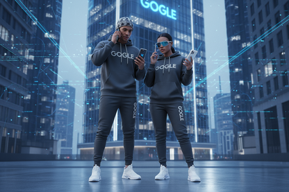 The technology era is involved where people stay connected with their telephone to bay Gogle phone Case image 2 people who talk on the phone they wearing a beautiful fashion set hoodie and pant close to the GOGLE company and the phone Case is written GOGLE and their set is written GOGLE 