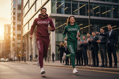They are twee and they run for their life each of them wearing a beautiful trending fashion set for winter with a bottle in hand in this bottle it's written GOGLE their set is written GOGLE in front of GoGle company people look at them because their fashion set hoodie and pant and trending water bottles 